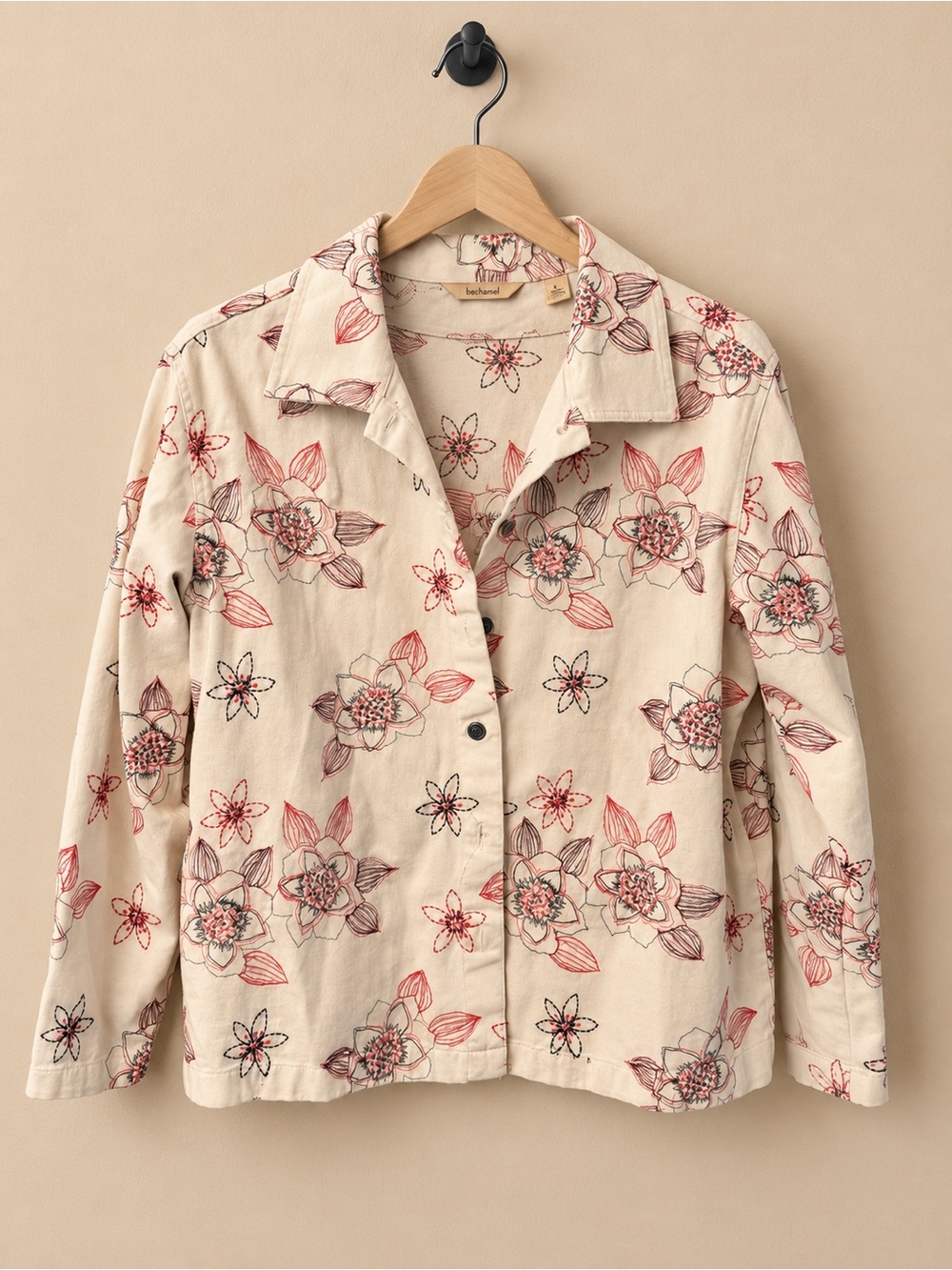 Bechamel Cream Button-Front Floral Shirt Jacket with Red Accents